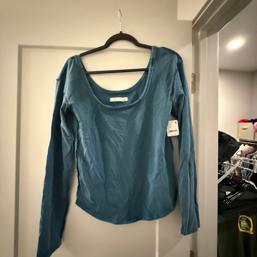 Free People Long-Sleeve Scoop Neck Top in Teal